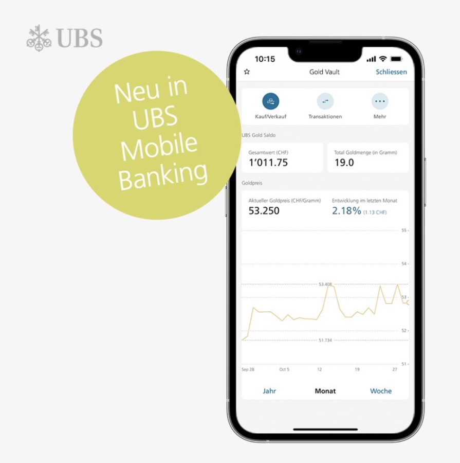 UBS Gold Vault feature in the UBS Mobile Banking app